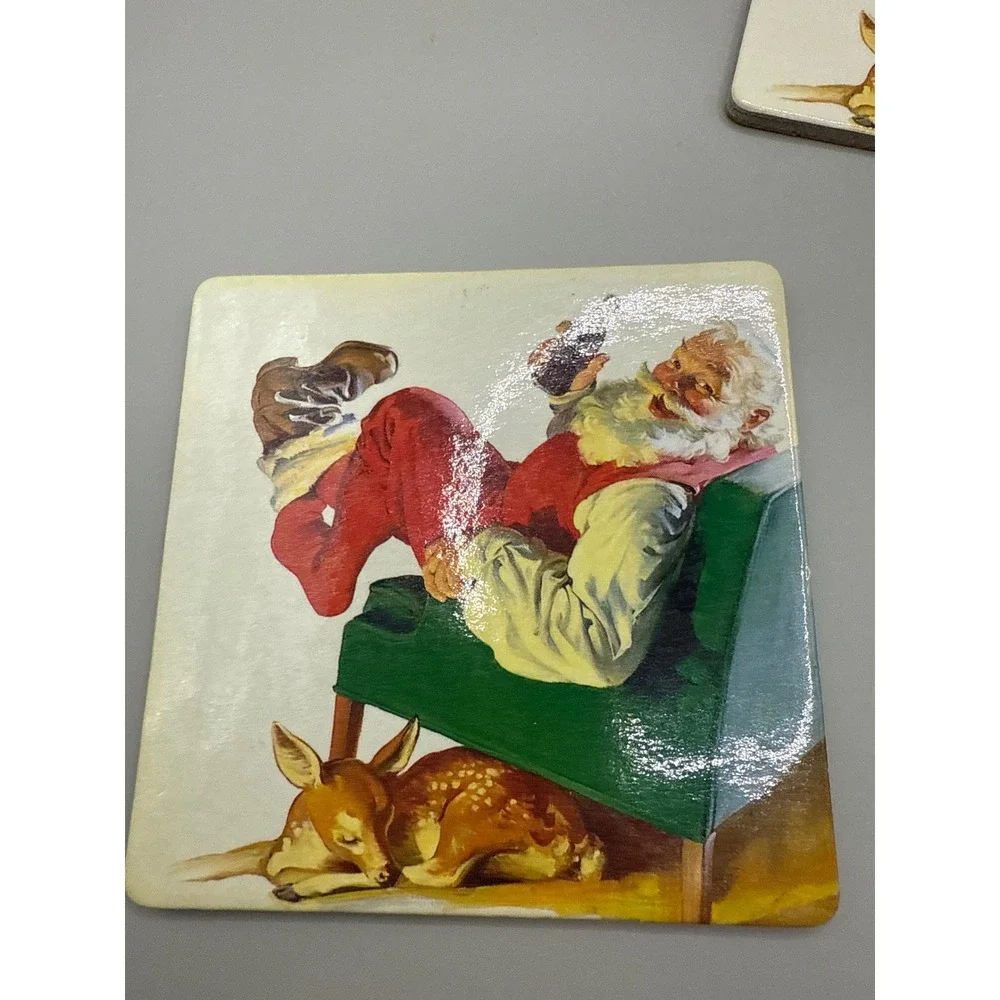 Coca Cola Santa Claus‎ Deer Coasters Cork Set 4 Vintage Christmas Coke